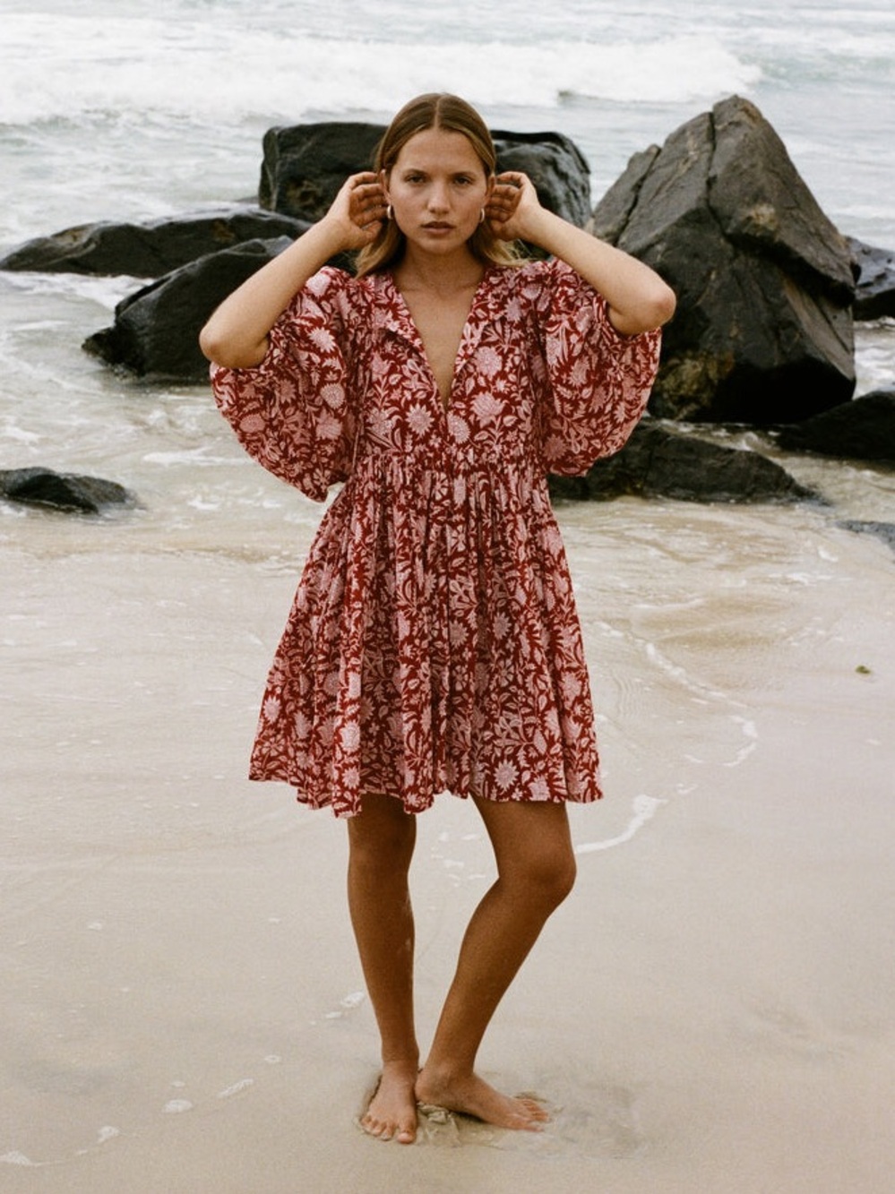 Daughters of India Kyra Mini Dress Saffron Red White Floral Size XL